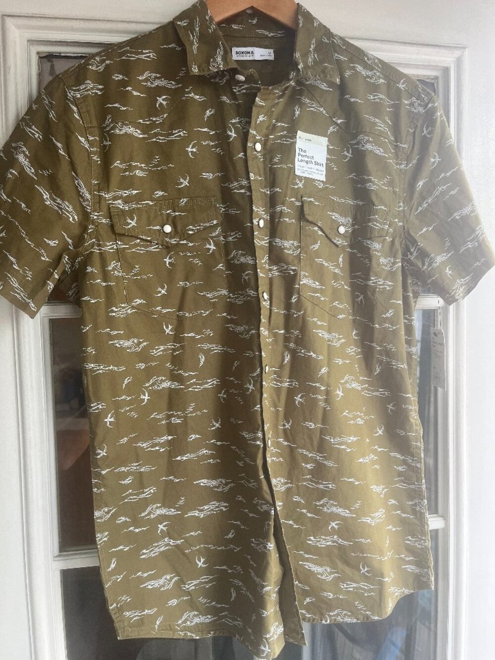 Sonoma Men’s Medium Green bird print Western Pearl Snap button Short Sleeves